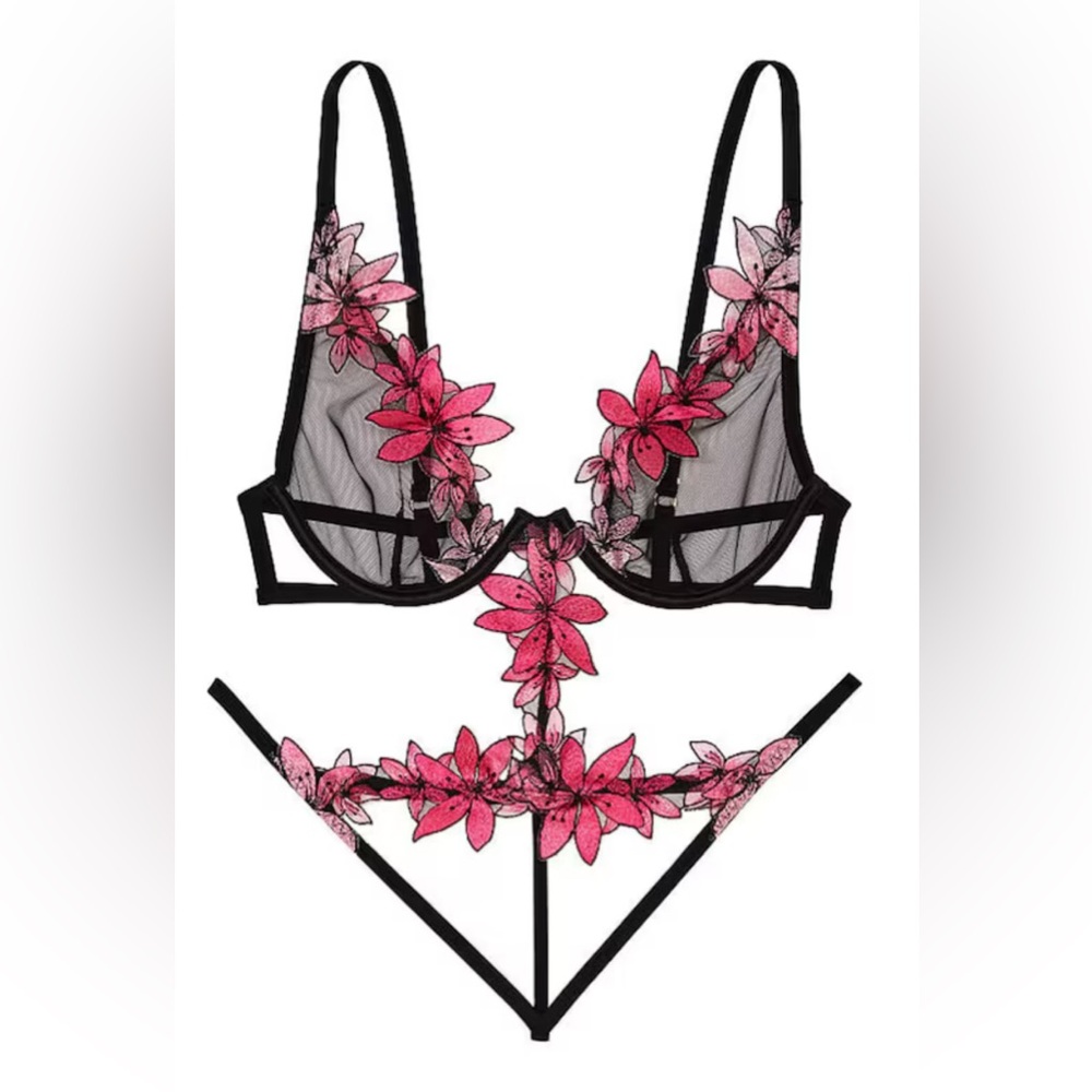 Victoria Secret Floral Lace Lingerie Set Pink & Black XSmall